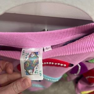 QUEEN of sparkles pink sweatshirt with bananas front and back! EUC SIZE LARGE